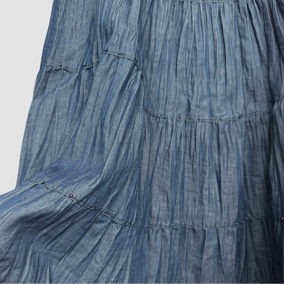 Tiered Beaded Chambray Denim Midi Skirt Size 12 Blue Cottage Boho Western - Picture 4 of 8